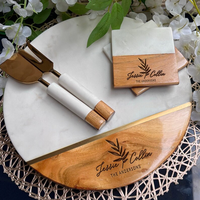 Customized Cutting Board, Fall Host Gift, Thanksgiving Centerpiece, Personalized Charcuterie Board, Marble Cheeseboard Set, Engagement Gift image 9