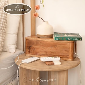 Wood Cable Box: Father's Day Gift, Rustic Desk Organizer, Charging Station, Hidden Wire Storage