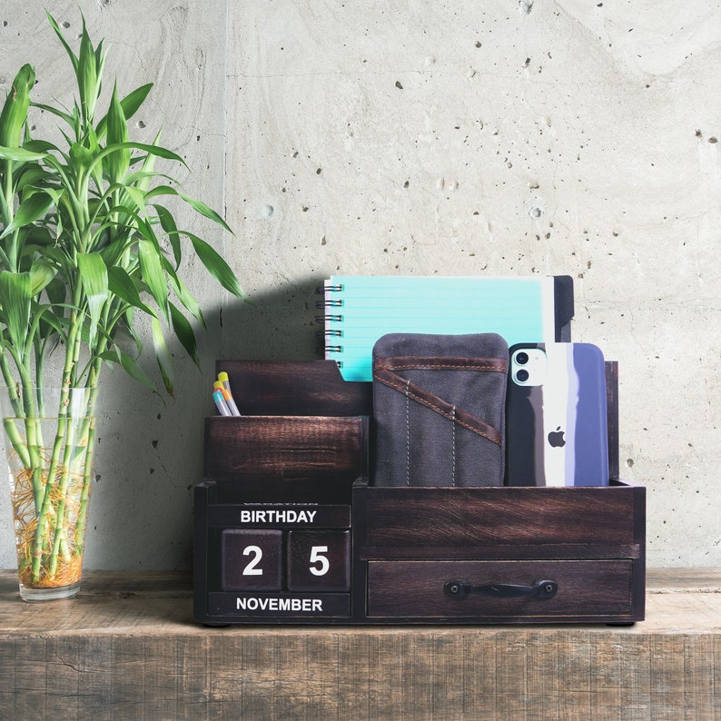 Wood Desk Organizer for Back to School, Home Office, Mail Room, Cell Phone Holder, and Kitchen Storage Rustic Black