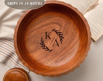 Engraved Monogram Wood Bowl | Footed Acacia Centerpiece | Custom Initials Decorative Serving Bowl Gift