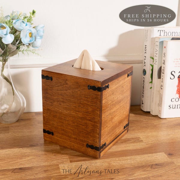 Mango Wood Tissue Box Holder: Bathroom Organizer, Rustic Vanity Decor, Guest Bathroom Storage