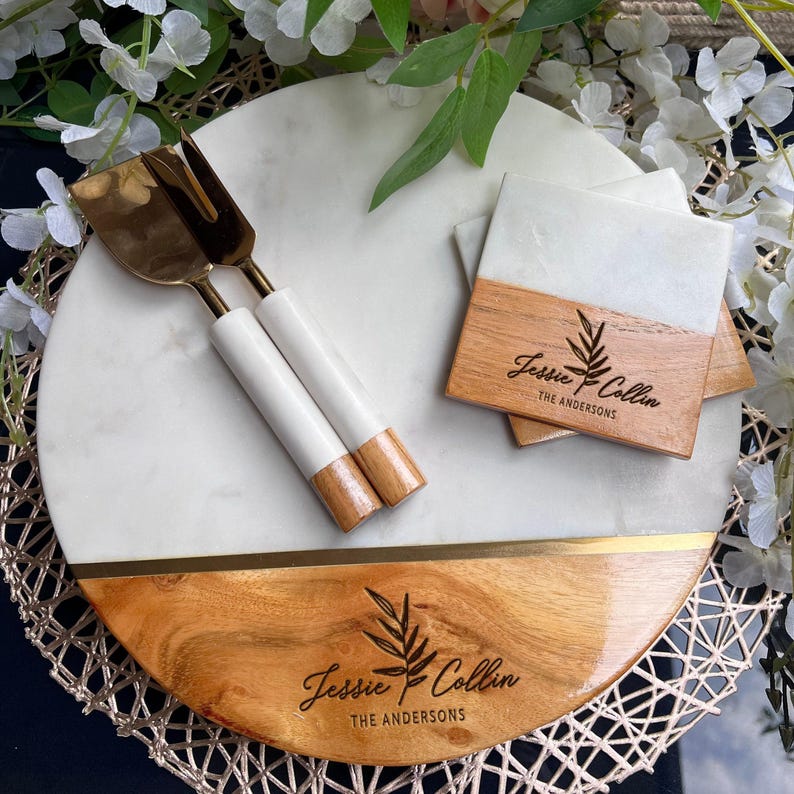 Customized Cutting Board, Fall Host Gift, Thanksgiving Centerpiece, Personalized Charcuterie Board, Marble Cheeseboard Set, Engagement Gift image 5