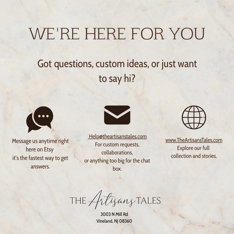 The image is a promotional poster for a company called "The ArtisansTales". It features a message asking for help with questions, custom ideas, or just wanting to chat, along with three icons representing different ways to communicate with the company.
