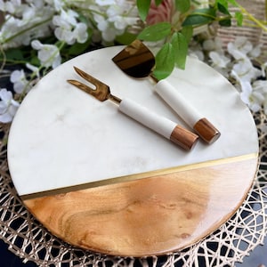 Käsebrett aus Marmor und Holz mit Messer und Gabel, Schneidebrett, Business Giveaways, Stammkunden Wertschätzung Geschenk