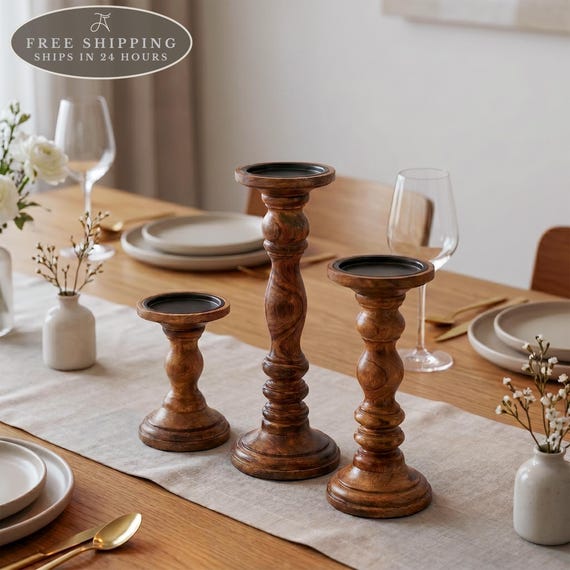 Pillar Candle Holder Set of 3: Wedding Centerpiece, Farmhouse Decor, Hanukkah Table Decoration