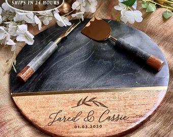 Personalized Round Charcuterie Board with Cutlery, Engraved Wedding Gift