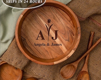 Custom Engraved Acacia Wood Salad Bowl Set with Utensils, Holiday Hosting Decor, Rustic Dinnerware, Serving Bowl, Christmas Gift For Her