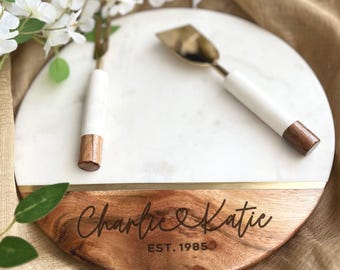 Personalized Wood Marble Cheese Board, Couples Gift, Engraved Serving Platter