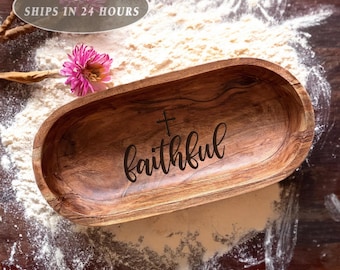 Engraved Cross Dough Bowl: 14 Inch Handmade Wooden Prayer Bowl, Religious Table Centerpiece Gift