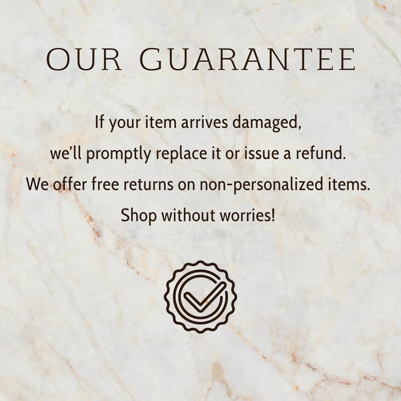 a text-based advertisement with a guarantee for a product, stating that if the item arrives damaged, it will be replaced or issued a refund. The guarantee also mentions that the company offers free returns on non-personalized items and encourages shoppers to shop without worries.