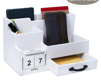 Wood Desk Organization, Dorm Decor, Desk Accessories, Back To School, Mail Organizer, Desktop Storage With Drawers, Pen Holder, Phone Stand