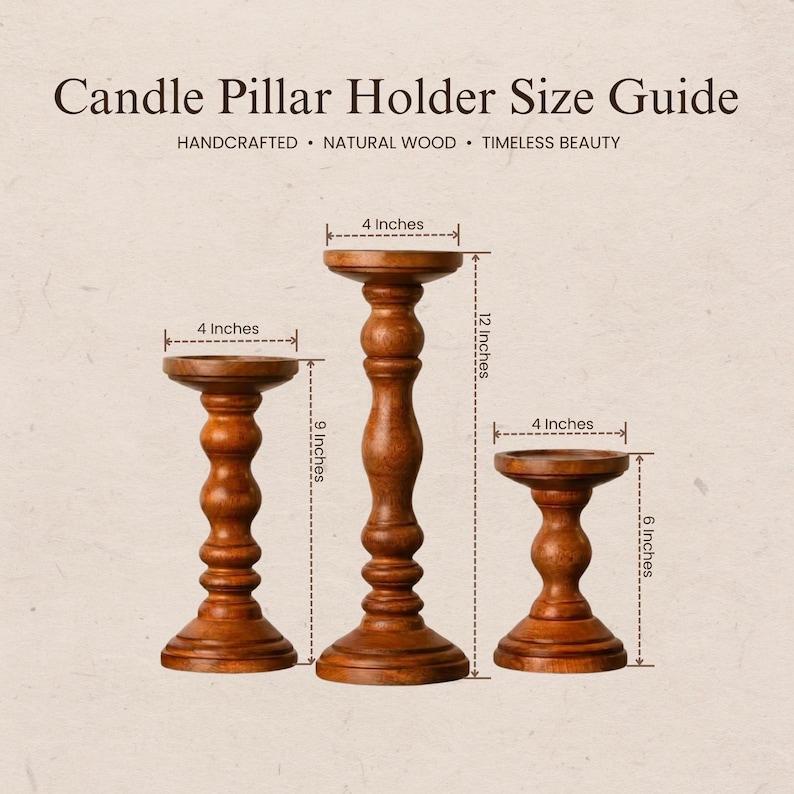 The image is a size guide for candle pillars, providing measurements for three different sizes: 4 inches, 4 inches, and 6 inches.