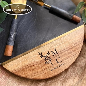 Personalized Black Marble and Acacia Cheese Board Set with Cutlery, Engraved Initials and Date Wedding Gift