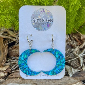 Crescent Moon Earrings, Sky Blue Glitter, Chunky Glitter, Celestial Earrings, Handmade Jewelry, Rave Jewelry, Resin Jewelry, Gifts for Her