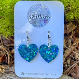 Resin Heart Earrings, Sky Blue Chunky Glitter, Handmade Earrings, Rave Jewelry, Resin Jewelry, Resin Art, Gifts for Her, Gifts for Wife
