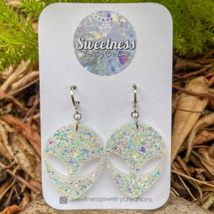 Alien Earrings, Iridescent White Opal Flake Glitter, Resin Earrings, Rave Jewelry, Handmade Earrings, Celestial Earrings, Outer Space Themed