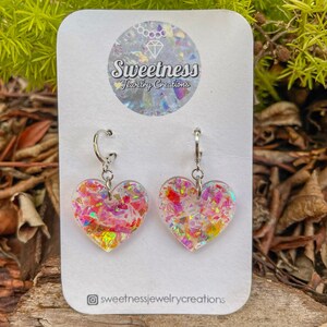 Resin Heart Earrings, Iridescent Rainbow Flakes, Handmade Earrings, Rave Jewelry, Resin Jewelry, Resin Art, Gifts for Her, Gifts for Wife