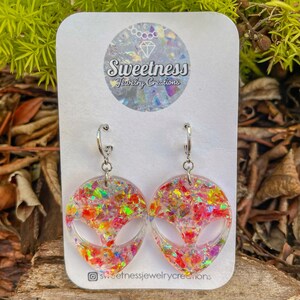 Alien Earrings, Clear, Iridescent Rainbow Flakes, Resin Earrings, Rave Jewelry, Handmade Earrings, Celestial Earrings, Outer Space Themed