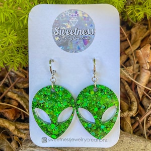 Alien Earrings, Chunky Green Glitter, Resin Earrings, Rave Jewelry, Handmade Earrings, Celestial Earrings, Outer Space Themed