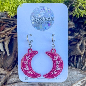 Crescent Moon Earrings, Holographic Glitter, Fine Glitter, Red, Celestial Earrings, Handmade Jewelry, Rave Jewelry, Gifts for Her