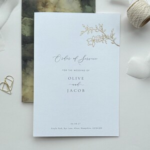 Modern Minimalist White Wedding Order of Service, Elegant Gold Foil botanical Church booklet, Calligraphy Civil Ceremony Printed Programme