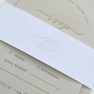 Modern Minimalist embossed white wedding invite belly band, elegant calligraphy, invitation wrap, personalised napkin wrap, simple, minimal