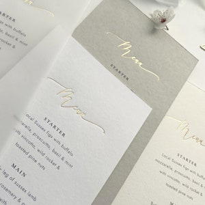 Modern Minimalist Gold Foil Wedding Menu Card, grey, white, cream, translucent, vellum, ivory, natural, calligraphy script, simple, foiled