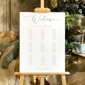 May include: A white wedding seating chart with the text "Welcome, Please Find Your Seat" at the top. The chart lists the names of guests assigned to each table number, from Table 1 to Table 9. The chart is signed "Sarah and Matthew 6.24."