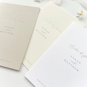 Modern Minimalist White Wedding Order of Service, Gold Foil Church, Civil Ceremony, Simple, Elegant, Calligraphy, Booklet, Printed Programme