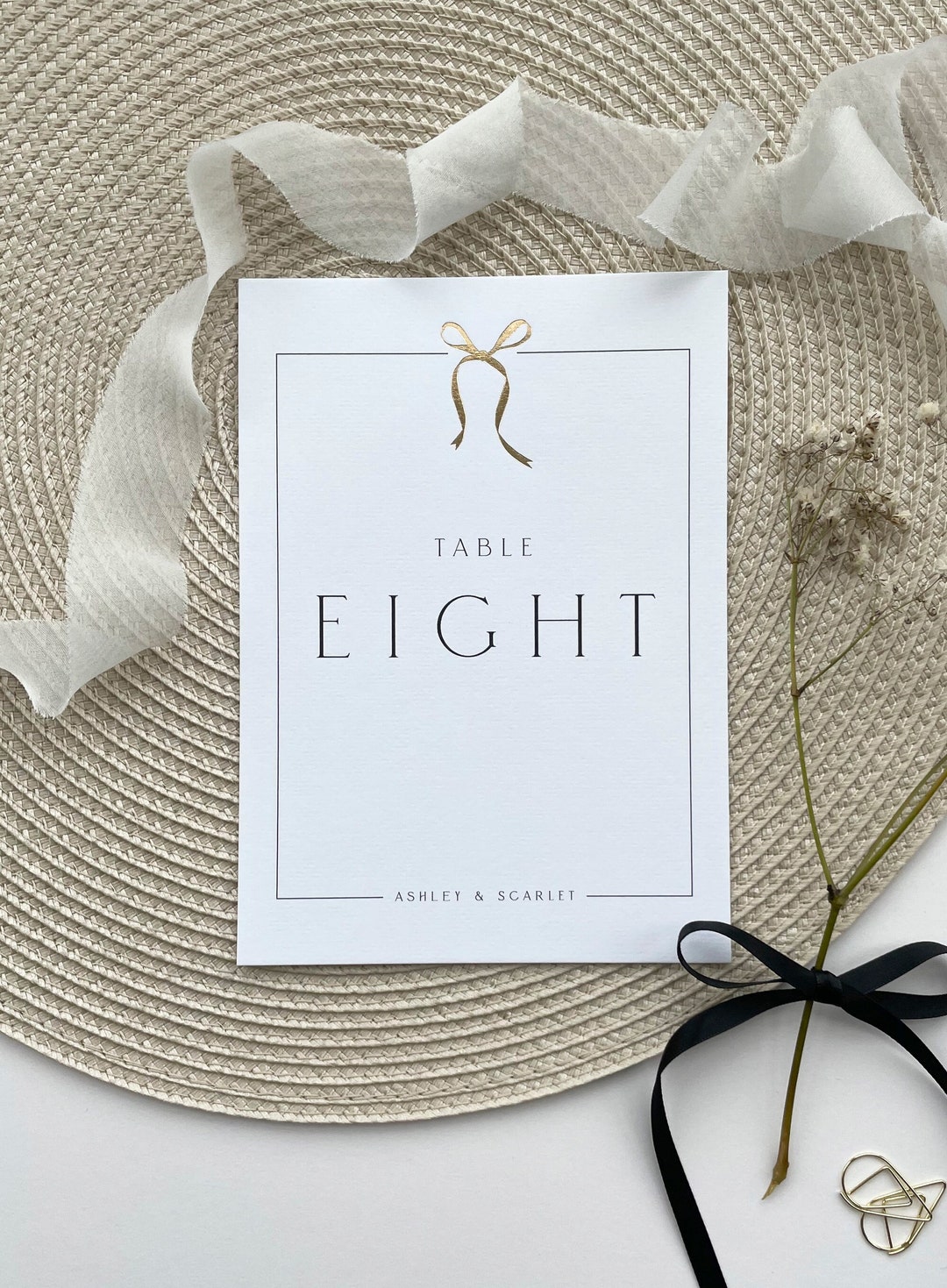 Table Numbers With Ribbon Elegant Gold Foil Ribbon Bow Wedding Table Number, Printed Monochrome ...