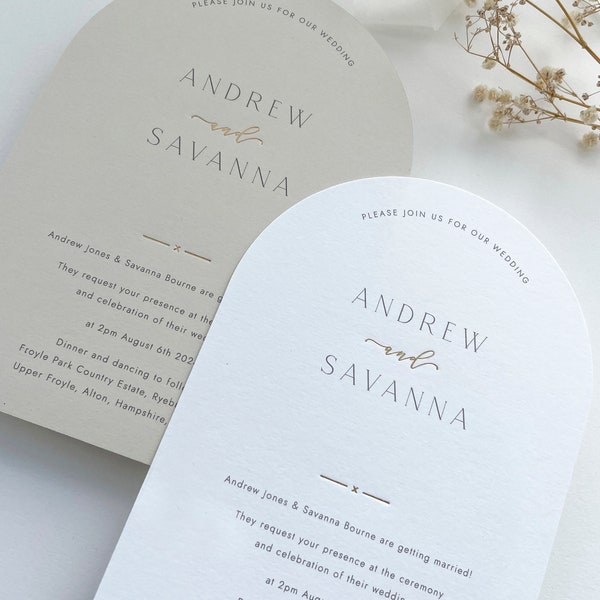 Modern Minimalist Gold Foil Arch Wedding Invite card, invitation suite, stationery set, elegant, calligraphy, simple, minimal, classic, nude