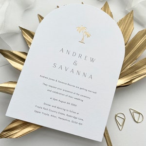 Modern Gold Foil Palm Tree destination wedding invite card, simple tropical white arch shape foiled invitation, printed luxury minimal beach