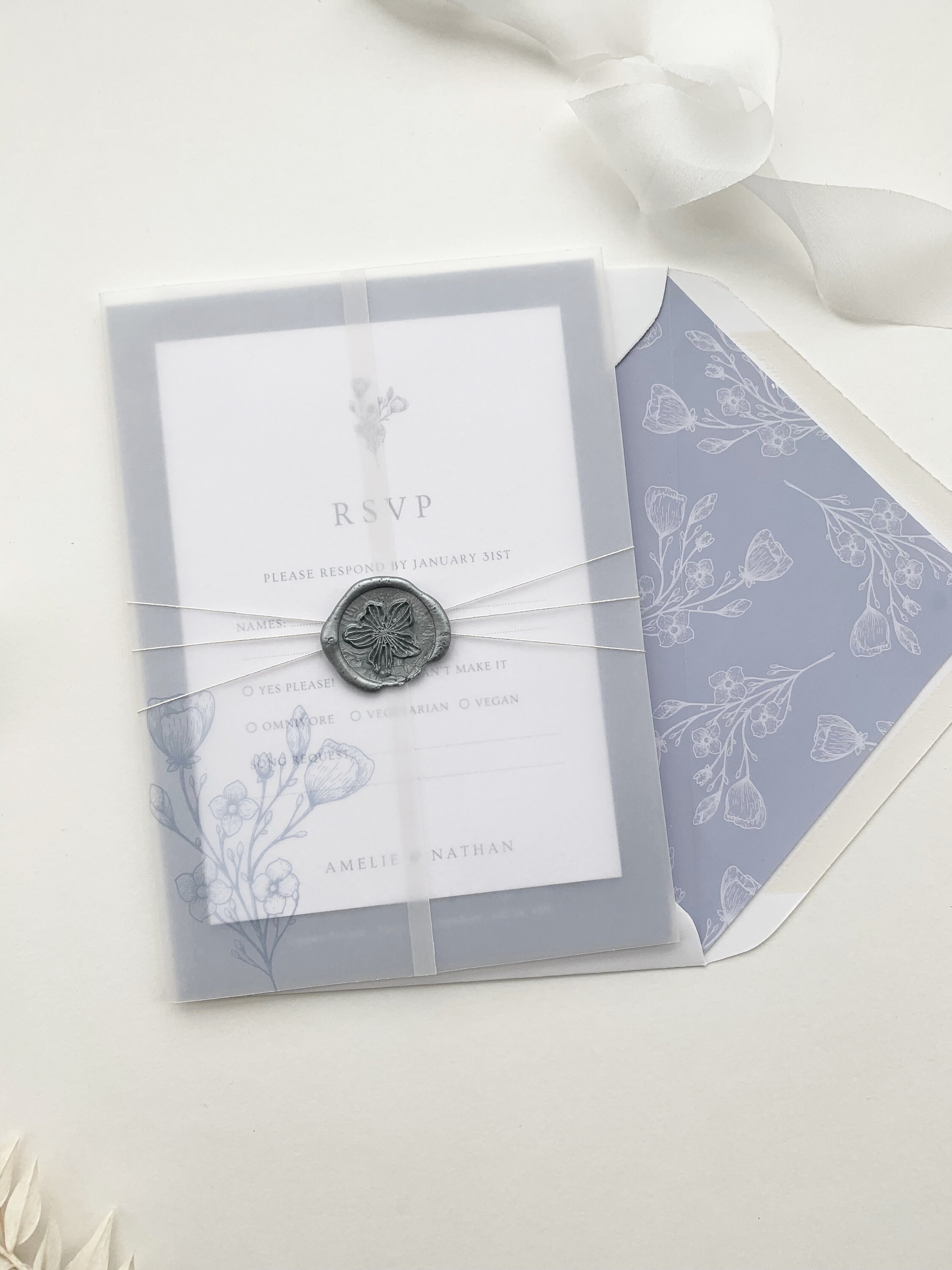 Printed vellum jacket for 5x7 wedding invitations minimal blue Etsy