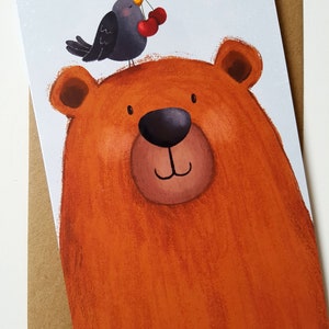Biglietto di auguri per orso e uccello, biglietto di auguri, simpatici animali, carino, illustrazione