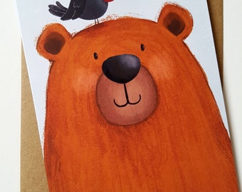 Carte de voeux ours et oiseau, carte de voeux, animaux mignons, mignon, illustration