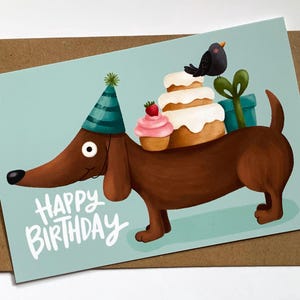 Biglietto di auguri per cani e uccelli, biglietto di auguri, animali carini, carino, illustrazione