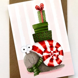 Weihnachts-Grußkarte, Schnecken-Grußkarte, süße Tiere, niedlich, Illustration