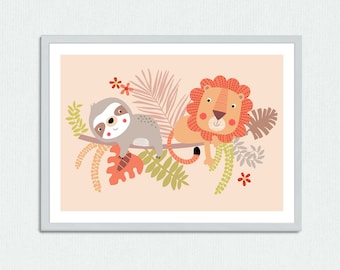 Poster for children, illustration jungle with animals: lion and sloth, for children's room or baby