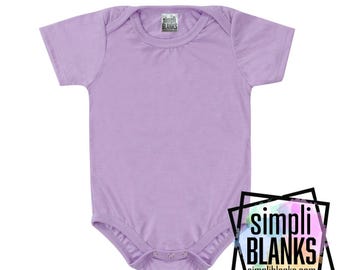 May include: A light purple baby onesie with short sleeves and snap closures at the bottom. The onesie has a tag that says "simpli BLANKS". The text "COLORS MAY VARY SLIGHTLY BY BATCH" is at the bottom.