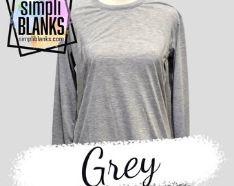 May include: A grey long-sleeved t-shirt with a crew neck. The shirt is made of a soft, comfortable fabric and is perfect for everyday wear.