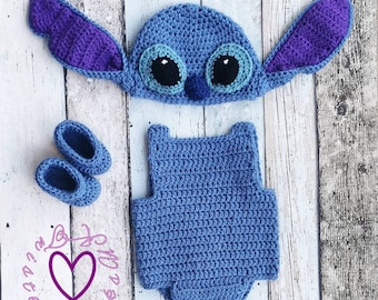 Handmade Stitch Inspired Baby Crochet Outfit – Hat, Booties & Choice of Shorts, Vest or Nappy Cover – Newborn Photo Prop – Baby Gift