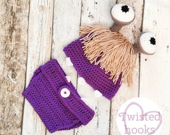 Baby boo monster purple outfit, Halloween costume, photo prop, monsters Inc, nappy set, unique handmade, knitted, crochet