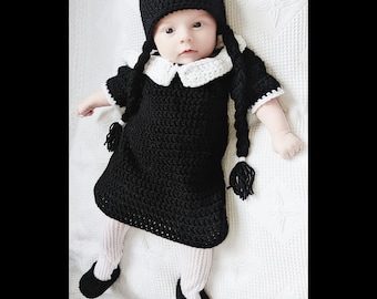 Gothic baby dress, wednesday , addams family inspired, Halloween newborn crochet outfit wig booties handmade