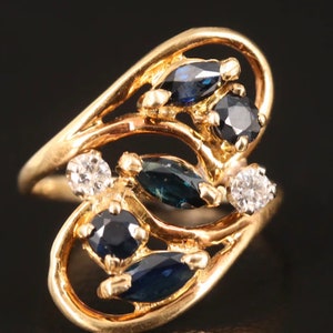 Sz 3 14k Vintage Gold Sapphire and Diamond Bypass Ring