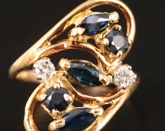 Sz 3 14k Vintage Gold Sapphire and Diamond Bypass Ring