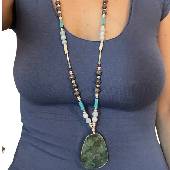 Extra Long Semiprecious Stone Necklace, Statement… - image 1