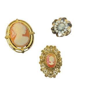 Collection of Faux Cameo Brooches including a Signed P.E.P Erwin Pearl