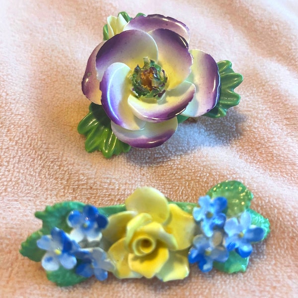 Pair of Vintage Made in England Brooches, Including Estate STAFFORDSHIRE CARA China Rose BROOCH