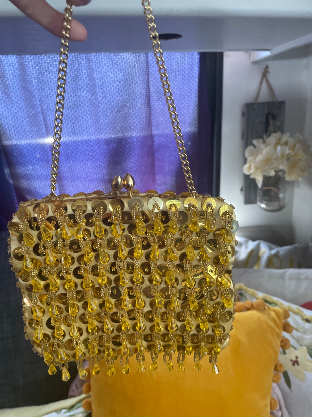 Vintage Gold Beaded Coin Purse, Vintage Coin Purse, Golden Evening Bag