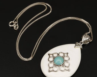 Italian Sterling Silver Chain Necklace with Turquoise and Magnesite Pendant